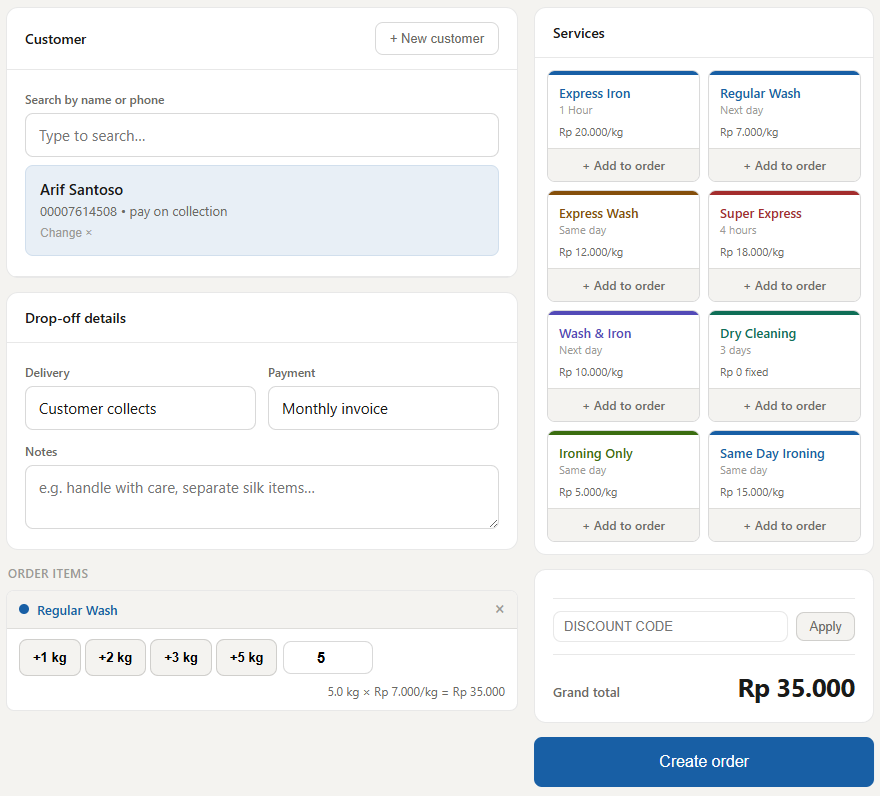 POS new order form showing customer search field, service type selector, weight quick-select buttons and order total