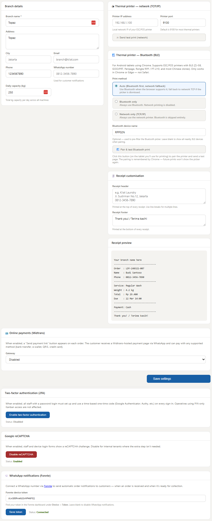 Branch settings page showing printer configuration, WhatsApp Fonnte token field, MFA toggle, reCAPTCHA toggle and device PIN