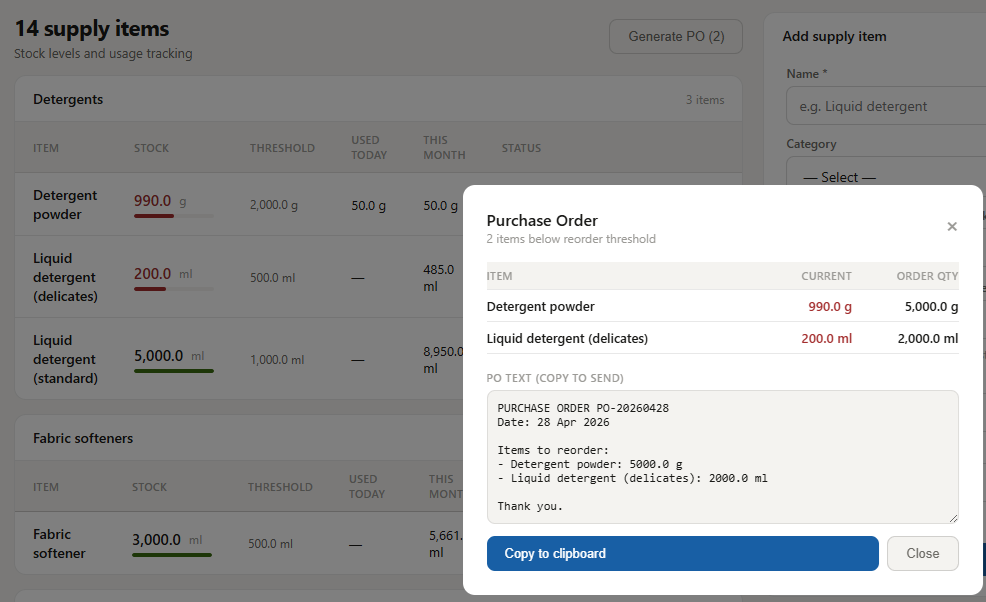 Supplies page with the Generate PO modal open, showing a table of low-stock items and a pre-formatted purchase order text area with a copy button